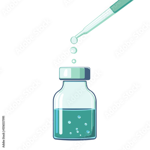 Aqua Liquid Dropping Into a Blue Medicine Vial Pixel Art Style Illustration on White Background