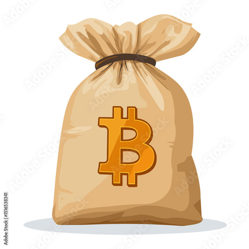 Beige Sack with Golden Bitcoin Symbol on Center White Background