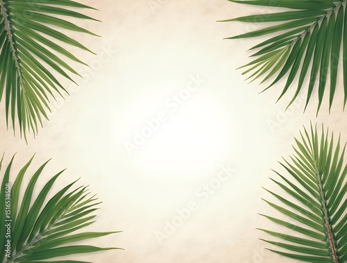 Lush green palm leaves frame a soft background creating a tropical ambiance for design purposes