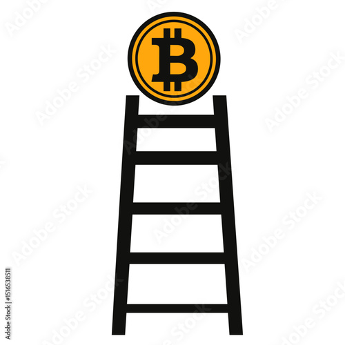 Bitcoin Symbol Ascending Black Ladder to Digital Success on White Background Represents Achievement and Finance