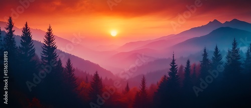 Majestic sunrise over misty mountains