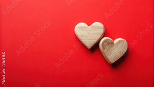 Two Wooden Hearts Resting on Vibrant Red Background, Symbol of Love and Affection