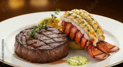 A beautifully plated surf and turf meal featuring a grilled steak with a cooked lobster tail, lemon, and herbs