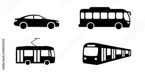 Four Icons Representing Different Modes of Transportation Car, Bus, Tram, and Train