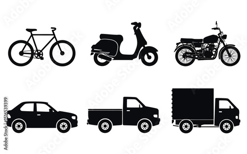 Six Monochrome Vehicle Icons Bicycle, Scooter, Motorcycle, Car, Truck, and Van