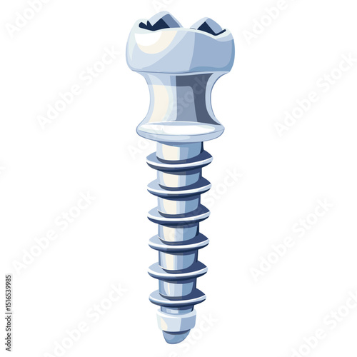 Close Up of Silver Metal Screw with Intricate Thread Pattern on White Background in Studio Lighting