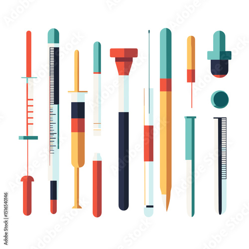 Collection of Medical Equipment and Healthcare Tools in Varied Sizes and Colors with Needles and Droppers on White Background