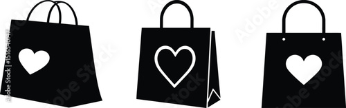 Black Shopping Bags with White Hearts Simple Elegant Design Vector Illustration Perfect for Valentines Day Gifts Packaging Branding Marketing Materials Retail Business Ecommerce Online Shopping Love  