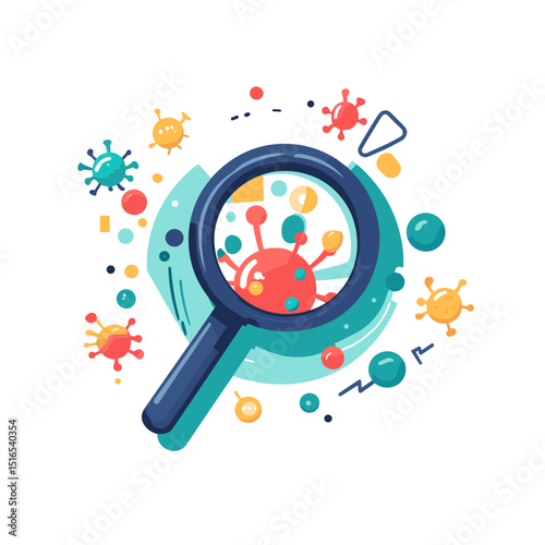 Colorful Microbe Virus Vector Art Under Magnifying Glass on White Background