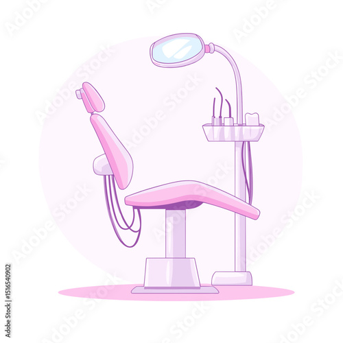 Dental Clinic Chair with Treatment Equipment Illustration in White and Pink Color Scheme