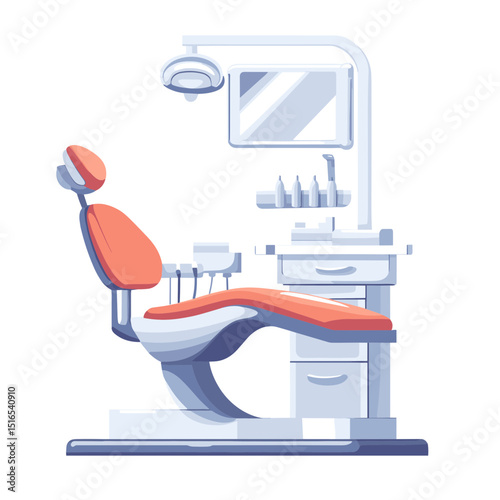 Dental Chair Setup with Light in Shades of White and Red Orange for Medical Treatment in Pixelated Graphic Design