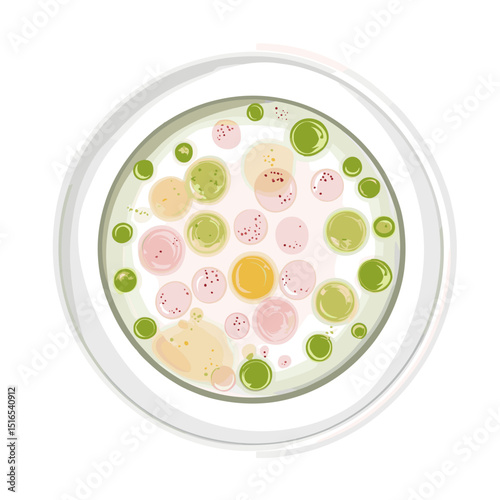 Delicious Tangyuan Sweet Dumplings in Clear Broth on a White Plate Featuring Green Pink and Yellow Colors