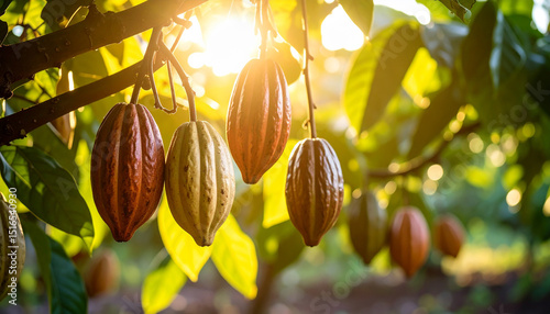 Cacao pods hanging from tree. photo