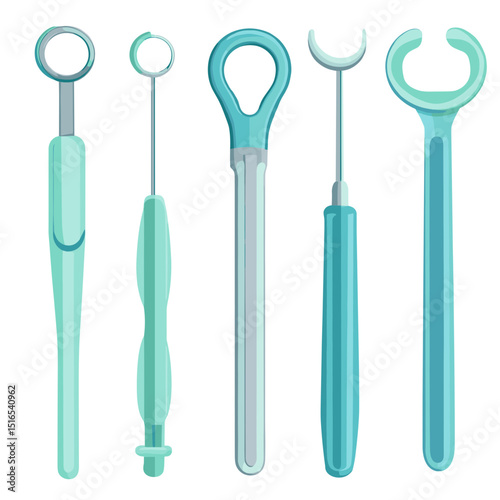 Dental Hygiene Tools in Light Blue Color on White Background Healthcare Illustration