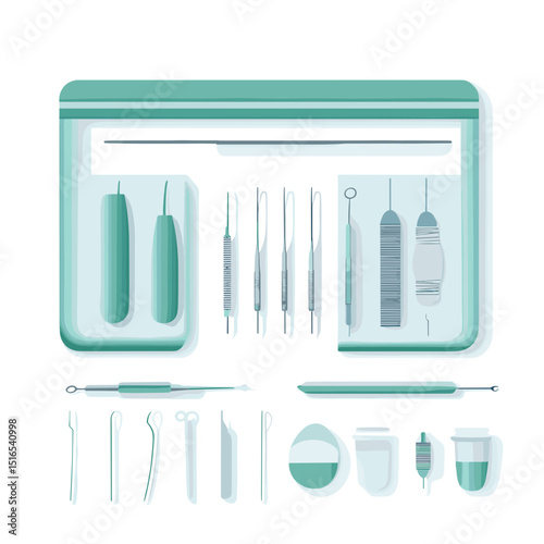 Dental Instruments Arranged in a Light Blue Container for Hygiene Purposes on White Background in a Flat Style