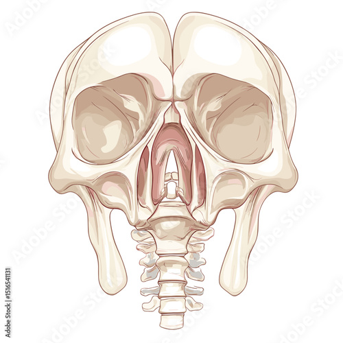 Detailed Anatomical Illustration of a Human Skull with Visible Bone Structure Cervical Vertebrae and Clean White Background for Medical Reference