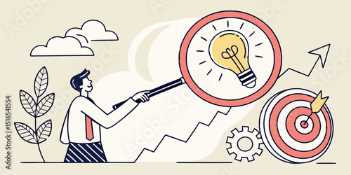 Businessman discovering bright idea magnifying glass target growth