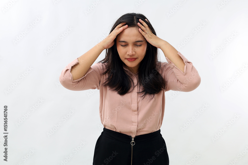 Obraz premium Young Asian woman standing with head down and eyes closed, involved in trouble, work stress, making mistake or having headache, tired from work, isolated on white background.