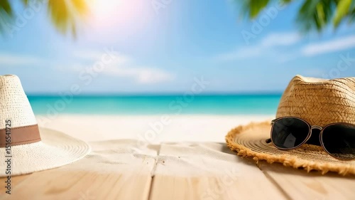 Summer vacation scene featuring two straw hats and sunglasses on a sandy beach against a turquoise ocean backdrop