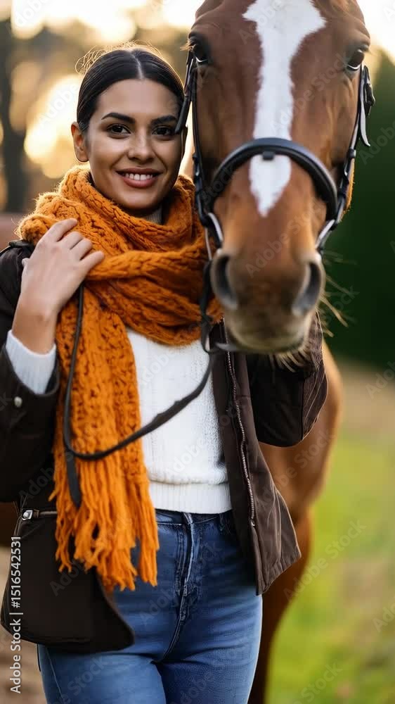 Smiling woman with brown horse standing on a lawn wearing jacket and orange scarf, enjoying equestrian life outdoors.