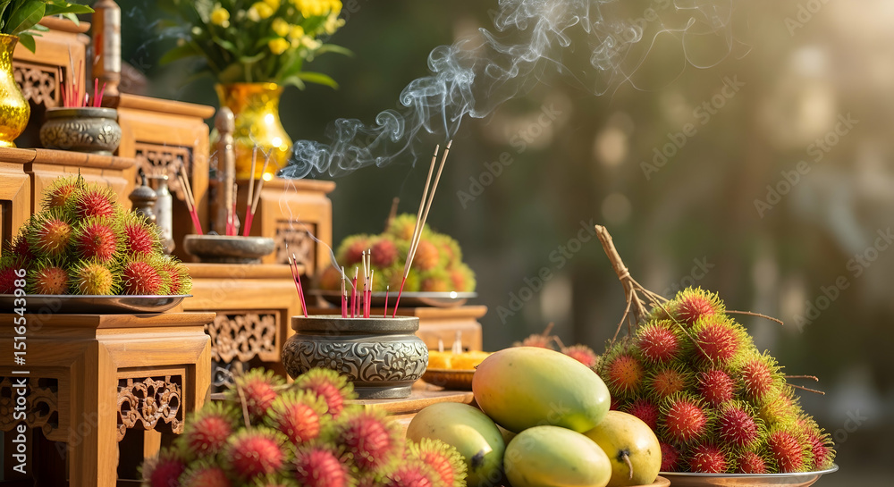 Fototapeta premium Incense Smoke Rises Over a Fruit Offering at a Wooden Shrine