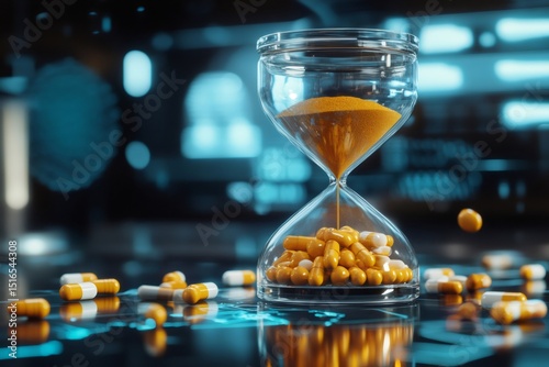 Capsules filling the bottom bulb of an hourglass in a high tech laboratory, symbolizing the crucial role of time in pharmaceutical research and development