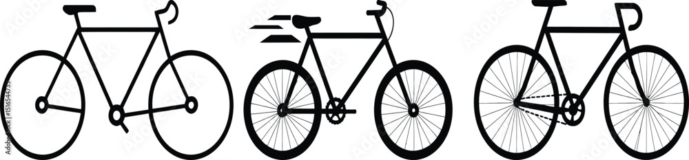 Obraz premium Simple Black Bicycle Icons Set Minimalist Road Bike Design Graphic Illustrations Vector Art Bicycle Silhouette Collection Sporty Cycle Images Stylish Bike Pictures Perfect for Websites Blogs and 