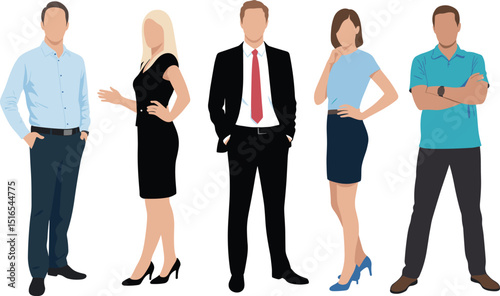 Diverse Business Team Standing, Professional Attire, Corporate Group, Confident Men and Women, Workplace Collaboration, Formal and Casual Styles.