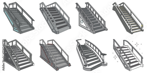 Set of Futuristic gray staircase with metallic texture, glowing edges, floating in space on a white background, science fiction inspired design."