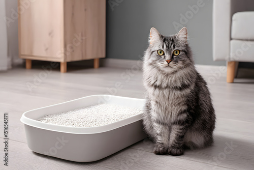 A fluffy gray cat poses elegantly next to a tidy litter box in a stylish living room with minimalist decor