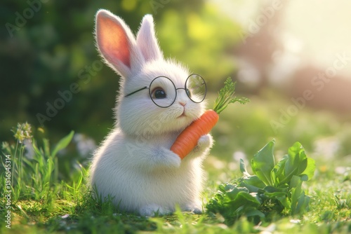 Fluffy white rabbit wearing round glasses enjoys a fresh carrot in a vibrant green meadow, creating a heartwarming and whimsical scene