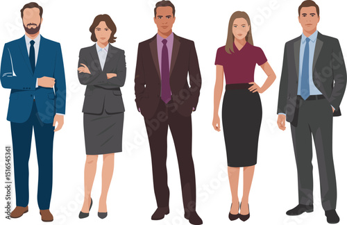 Professional Business Team, Formal Attire, Corporate Office Workers, Confident Young Men and Women, Teamwork and Leadership, Diverse Group.
