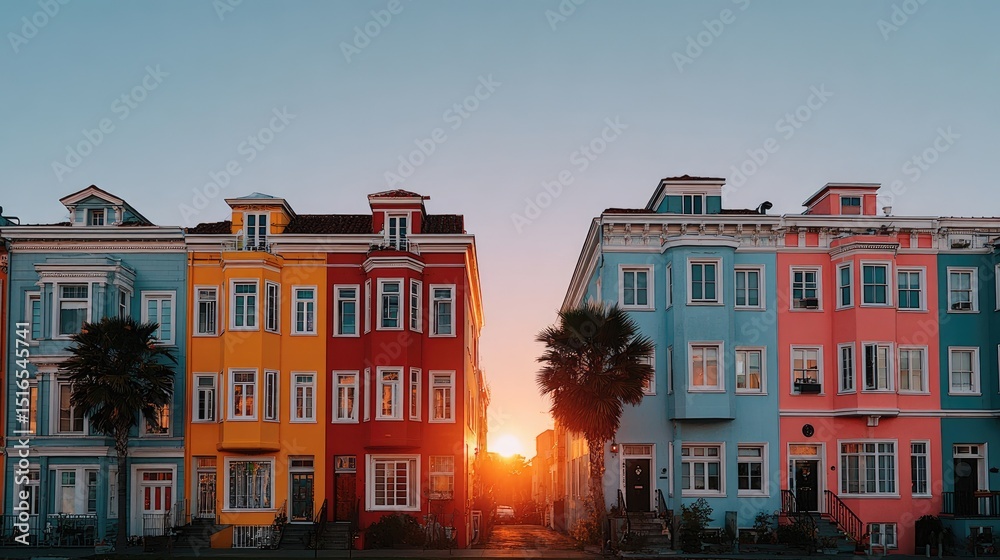 Obraz premium A symmetrical row of low-rise buildings with flat roofs and warm sunlight under a pristine sky