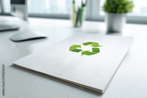 Environmental Policy Climate Change Regulation. Recycling symbol on a document in a modern office with a plant in the background.