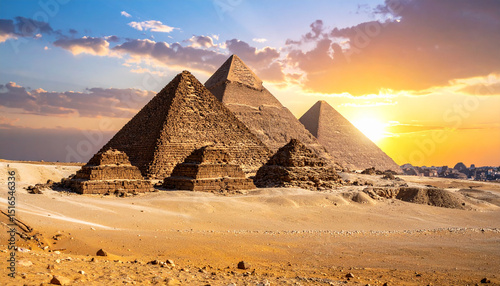 Ancient stone pyramids at sunset. Landscape of Egyptian desert. Travel banner, tourism
