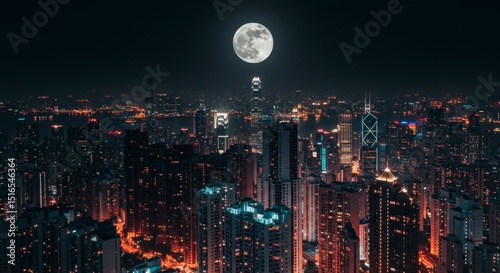 A vibrant cityscape at night, illuminated by a large, bright full moon hanging in the dark sky above