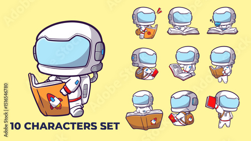Cute astronaut character collection in space suit reading a book, ideal for educational or space-themed designs and mascot logo