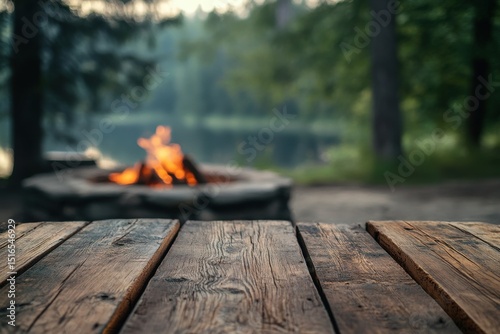 Fototapeta Naklejka Na Ścianę i Meble -  Rustic Wooden Table Campfire Background Summer Nature Scene old lake warm cozy dark trees brown     