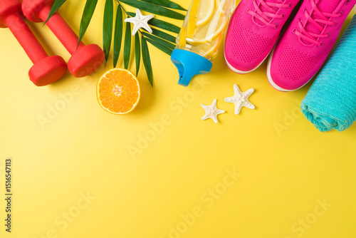 Summer fitness background with dumbbells, bottle of water, sport shoes and palm leaf. Top view with copy space