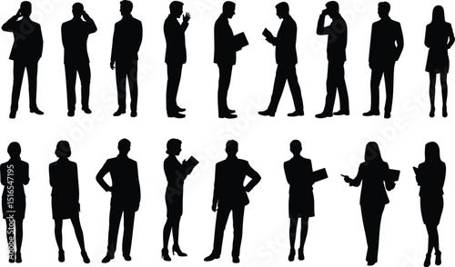 Silhouette of Business People, Professional Team Poses, Corporate Unity, Leadership and Confidence, Formal Businesswear, Black and White Vector Art.
