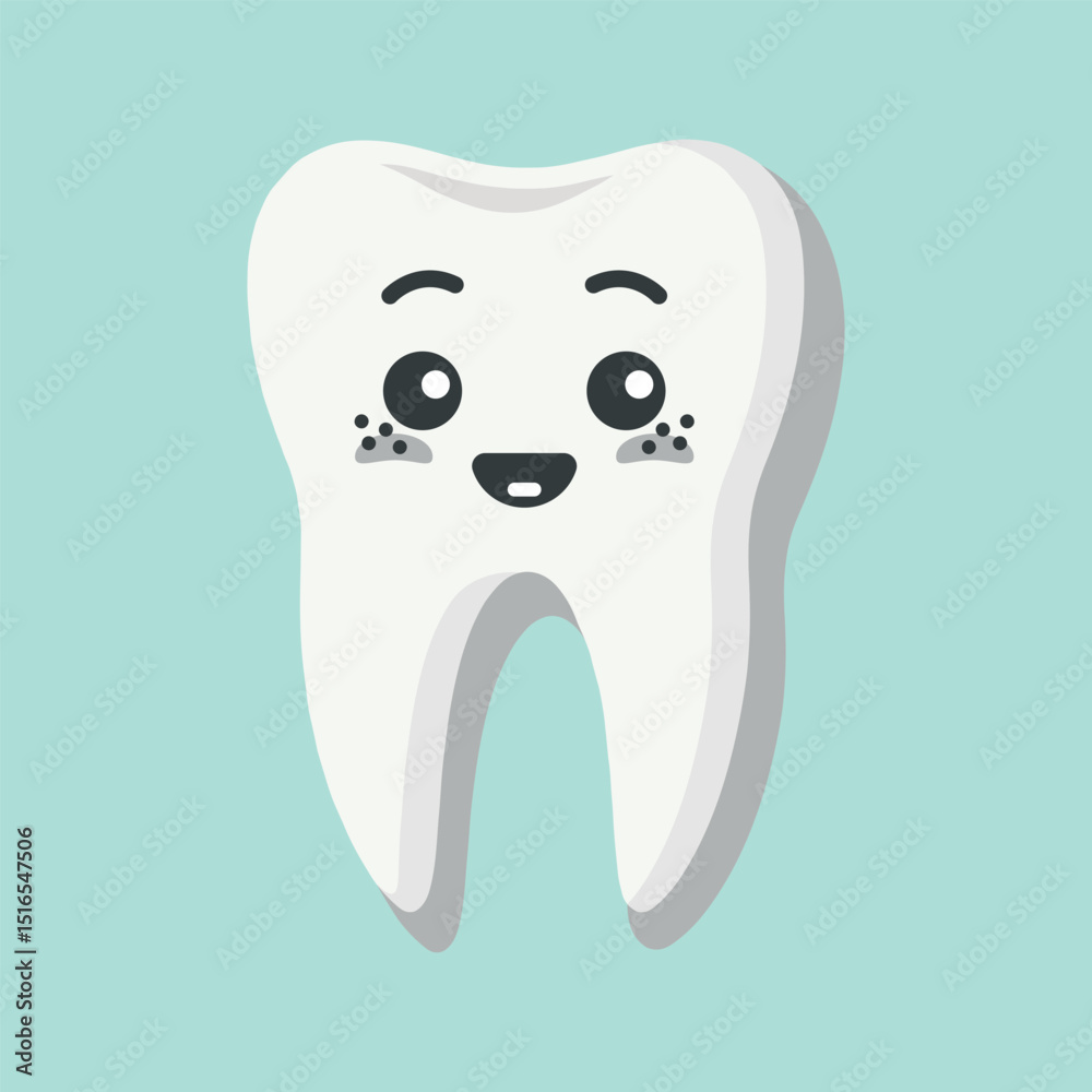 Vector illustration of a clean white tooth with kawaii eyes in flat style. The vector is isolated on a soft pastel background. Perfect for dental care, children’s dentistry, and medical-themed designs