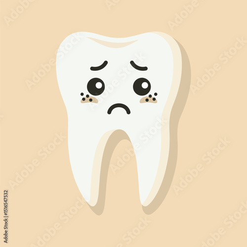 Vector illustration of a clean white tooth with kawaii eyes in flat style. The vector is isolated on a soft pastel background. Perfect for dental care, children’s dentistry, and medical-themed designs