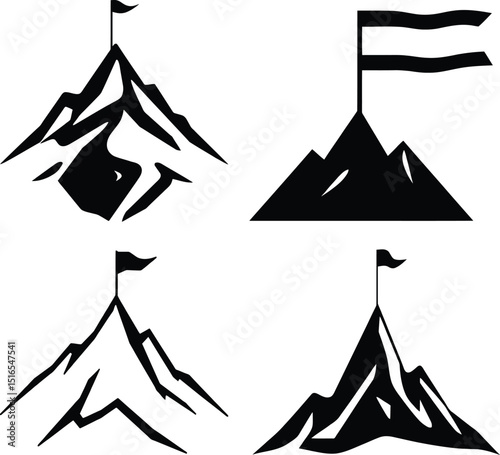 Mountain Peak Success Icons Set Black Silhouette Cliparts Achievement Graphics Design Elements Vector Illustration Business Branding Marketing Strategy Goal Target Reaching Summit Top Flag logo path  