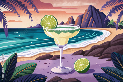 Classic Margarita cocktail on beach vector. Bar menu cocktails in old fashioned, coupe, margarita glass. Colorful refreshing drink with garnish illustration