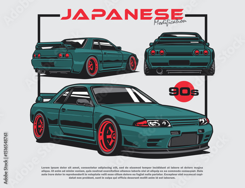 Japanese 90s car modification set in green coloring and background vector illustration
