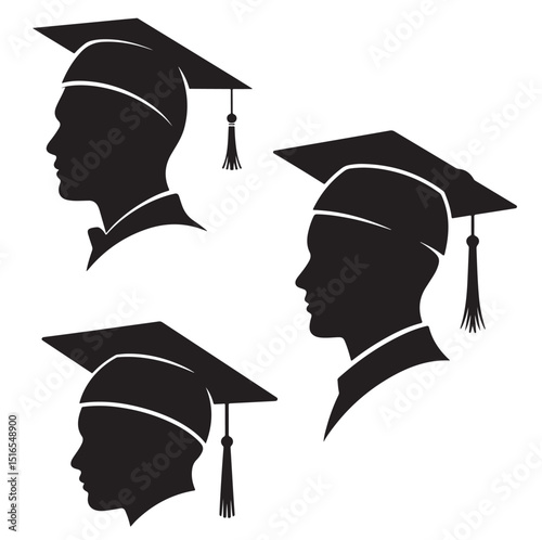 set of vector black various graduation hat with diploma, Education cap,  silhouettes, graduation hat icon	