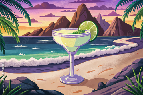 Classic Margarita cocktail on beach vector. Bar menu cocktails in old fashioned, coupe, margarita glass. Colorful refreshing drink with garnish illustration