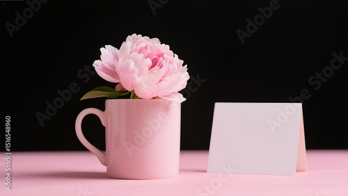 Pink Peony in a Mug with a Blank Card on Pink Surface