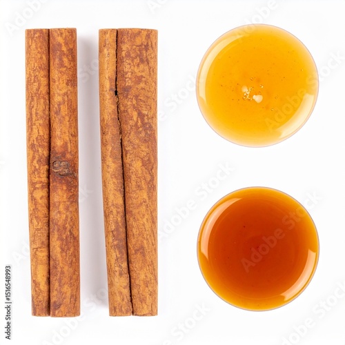 Coffee add-ons including cinnamon and syrups on isolated white background with warm-toned lighting and macro capture