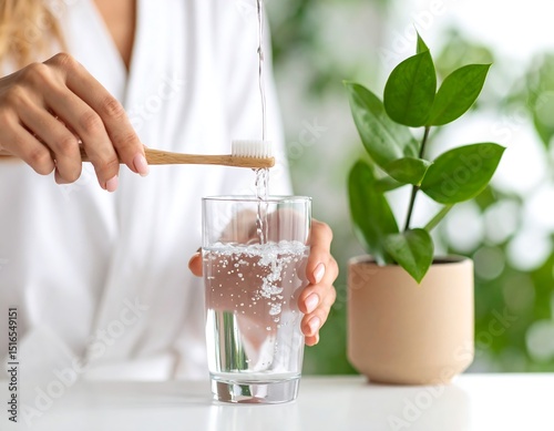 Woman rinsing toothbrush in glass of water